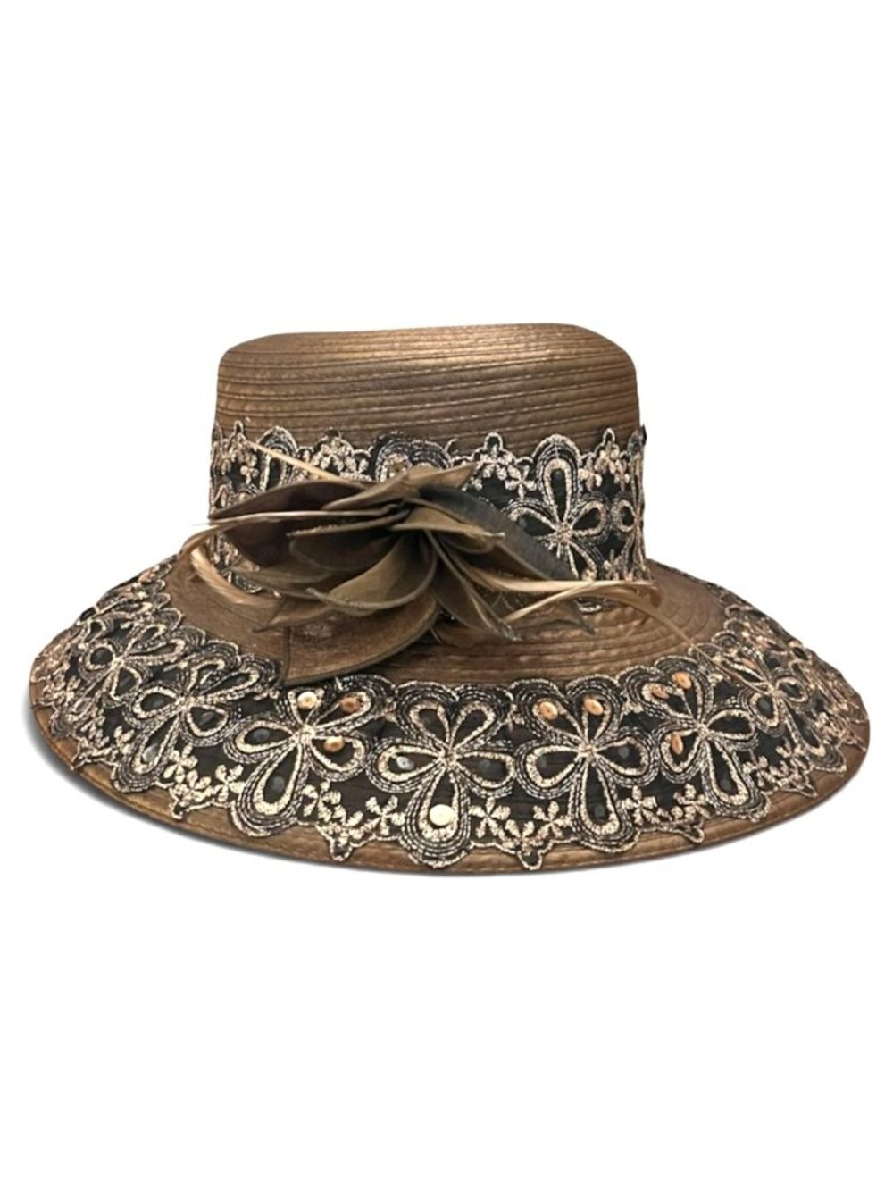 Vintage Brown Gold Metallic Embroidered Tea Party Cloche Derby Hat Mesh Flower